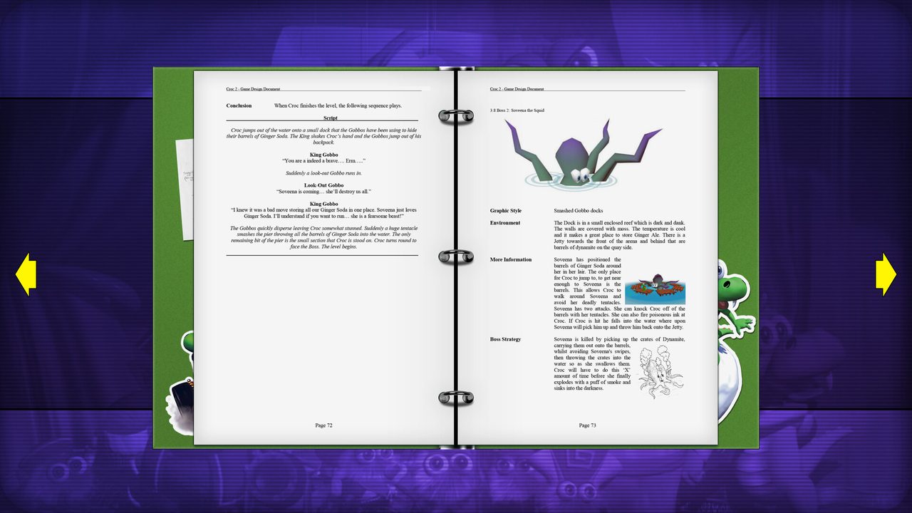 A design document page for Croc 2 showing Soveena the Squid boss strategy notes