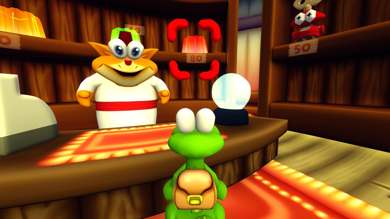 Croc and a Gobbo stand in a decorated room with a snow globe on a table