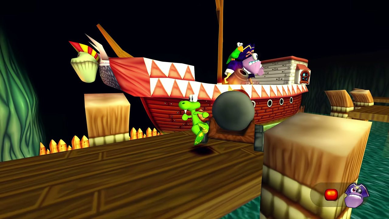 Croc runs along a wooden platform while a pirate ship with a cannon sits in the water behind him