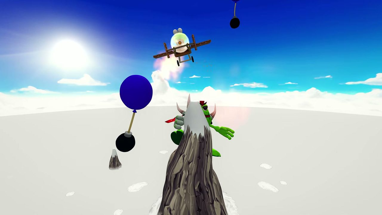 Croc flies an airplane above cliffs and clouds, with a balloon floating nearby