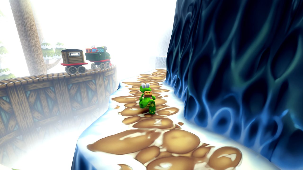 Croc rides a motorcycle along a snowy path with a train and a wooden bridge behind