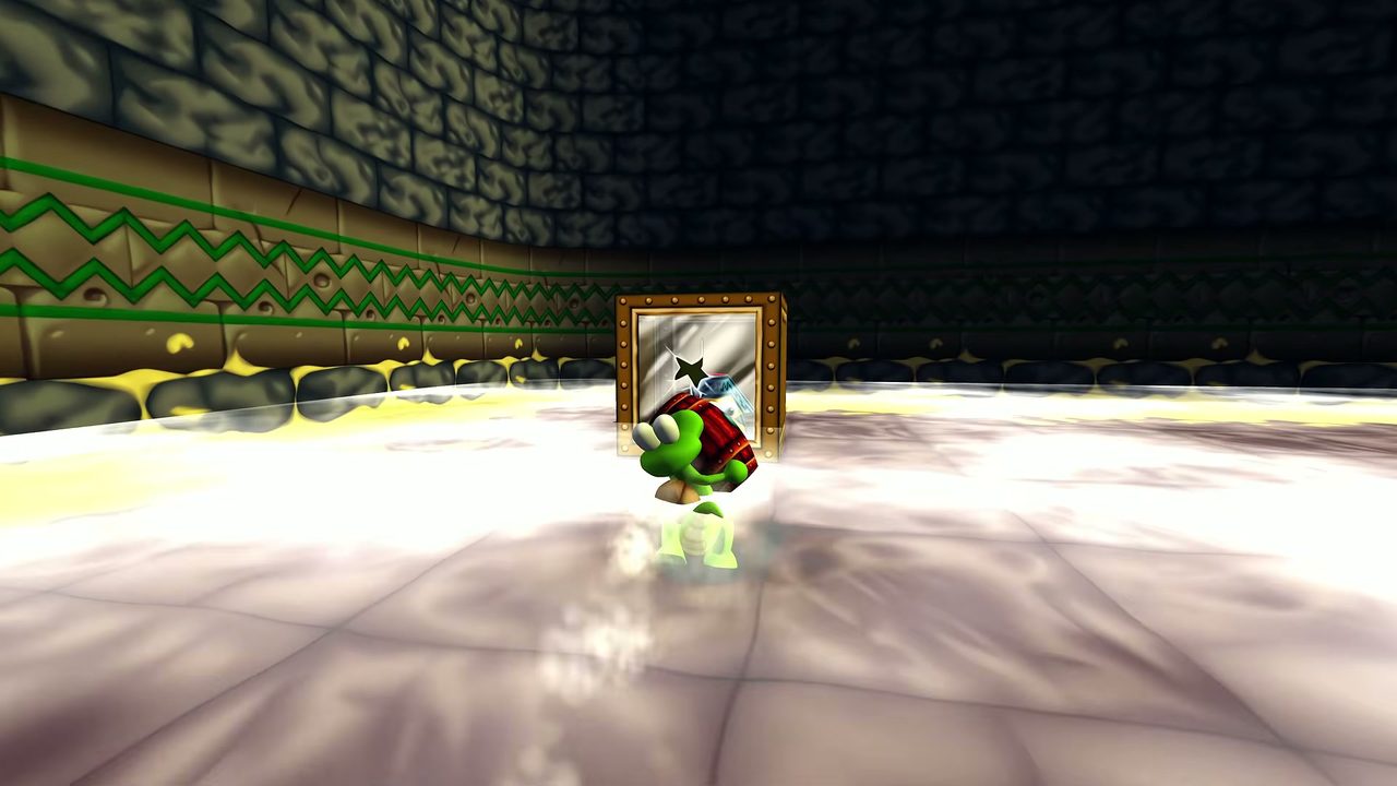 Croc stands in a stone-walled room facing a framed picture on the wall