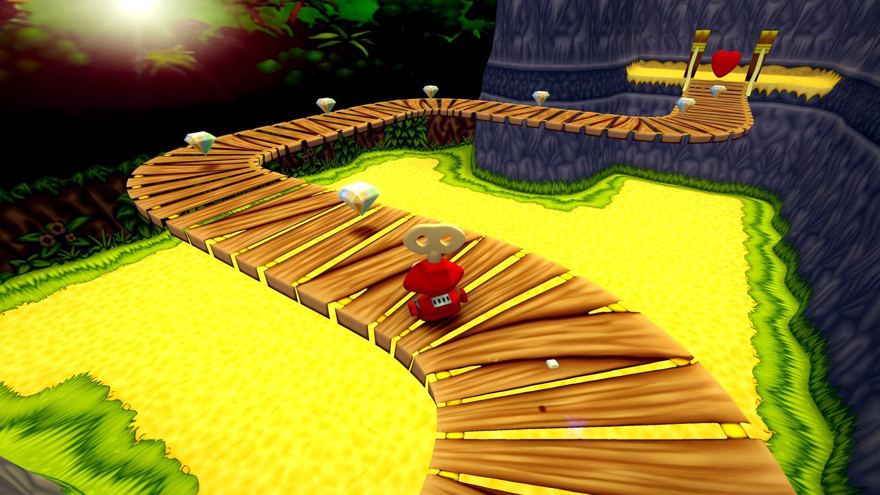Croc stands on a wooden bridge with the sun behind him and a rock arch in the background