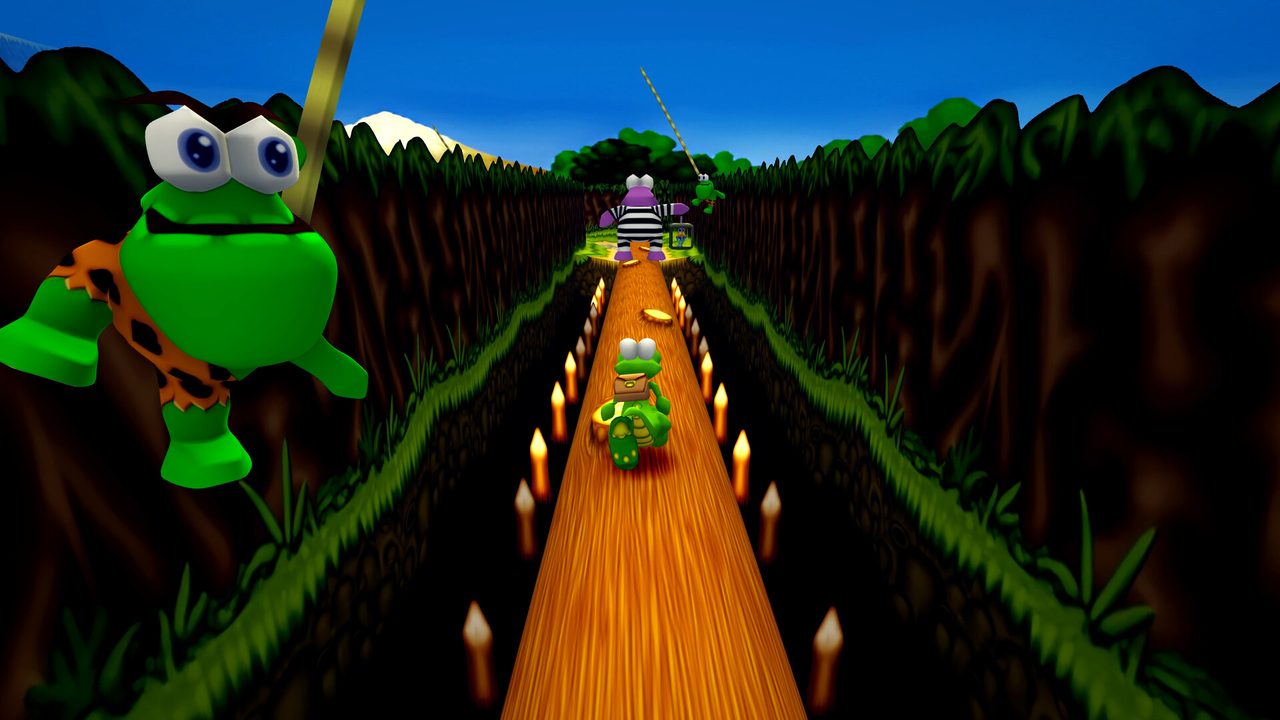 Croc rides a turtle along a wooden path with lava below and green cliffs behind