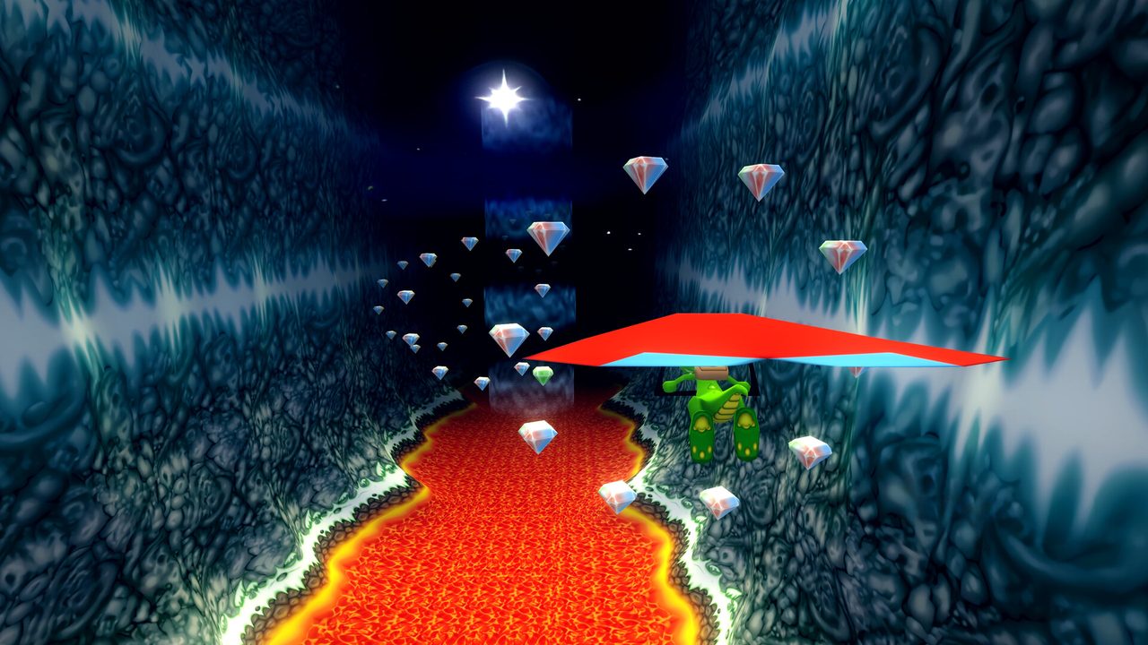Croc in a red wingsuit glides through a dark cave above glowing lava